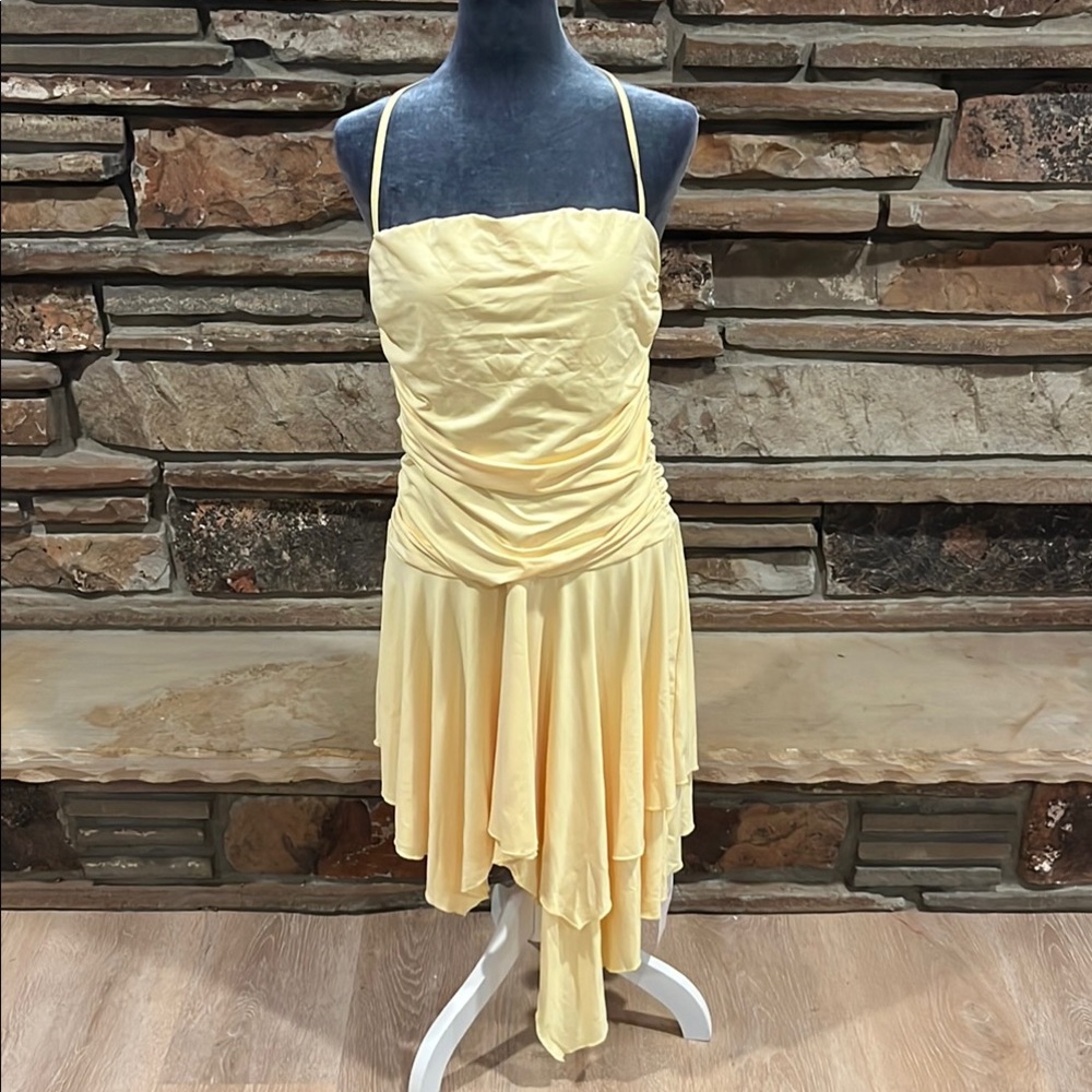 Parthea Yellow Ruched Asymmetrical Hem Tie Back Halter Mini Dress